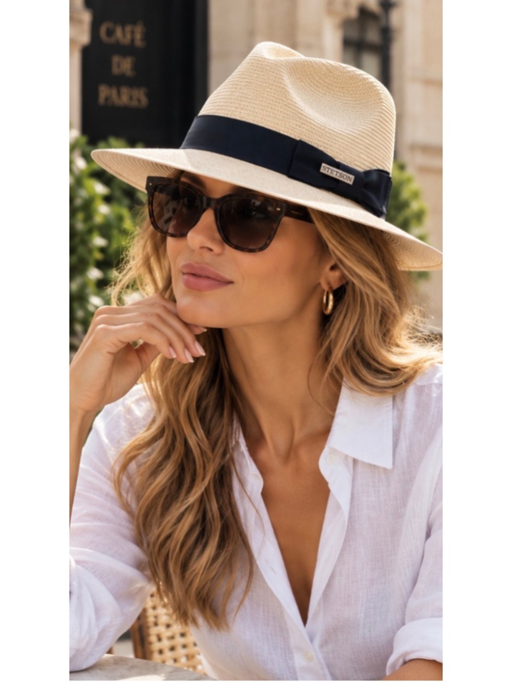 Women's Stetson Aripeka Fedora Hat Size L Beige Black Straw Bow New w Tags